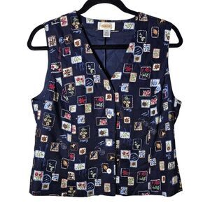 VTG Talbots S Vest‎ Navy Floral Novelty Print Rayon Lined Button 90s Cottagecore
